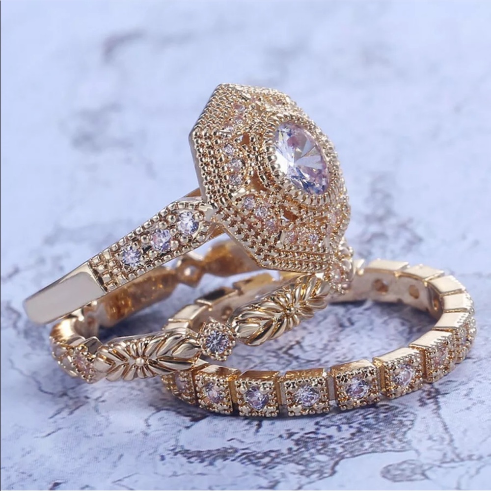 New Yellow Gold Plated Diamond Engagement Set Ring - Picture 2 of 6